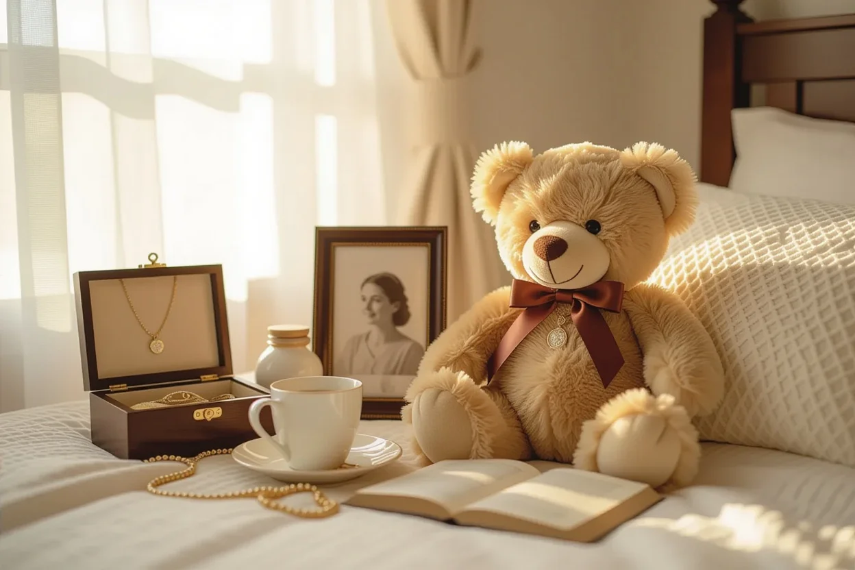 Teddy bear gift cherished daily on bedside table with romantic necklace displayed