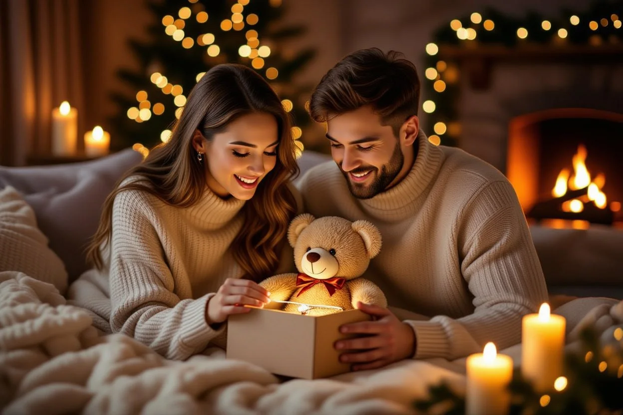 Couple sharing romantic gift moment with surprise teddy bear necklace for anniversary celebration
