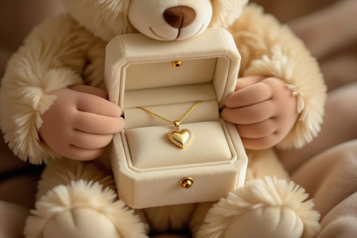 Close-up of hidden necklace compartment in romantic teddy bear gift revealing heart pendant jewelry