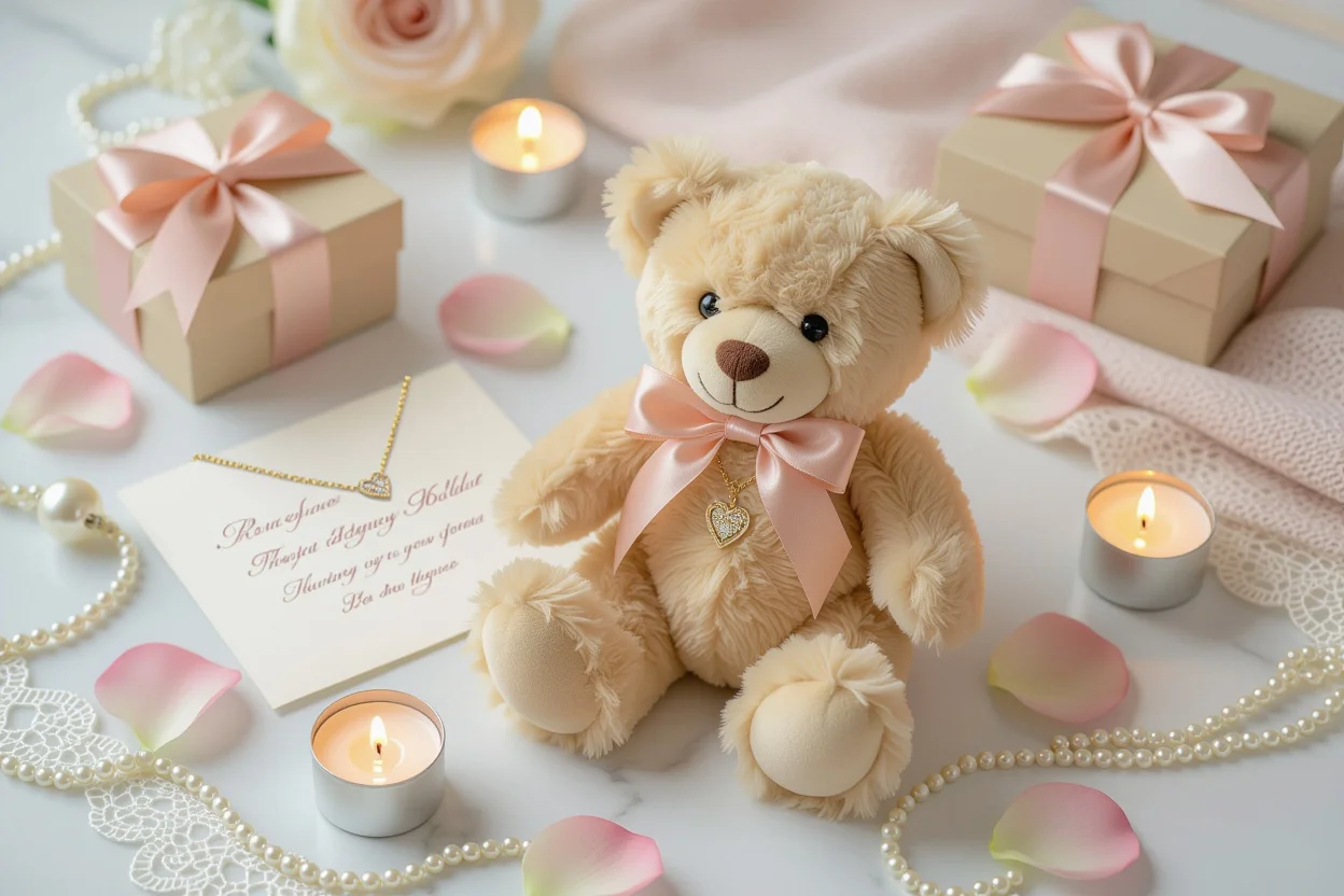 Romantic gift guide flat lay with teddy bear, hidden necklace, roses and candles for Valentine's Day gifts
