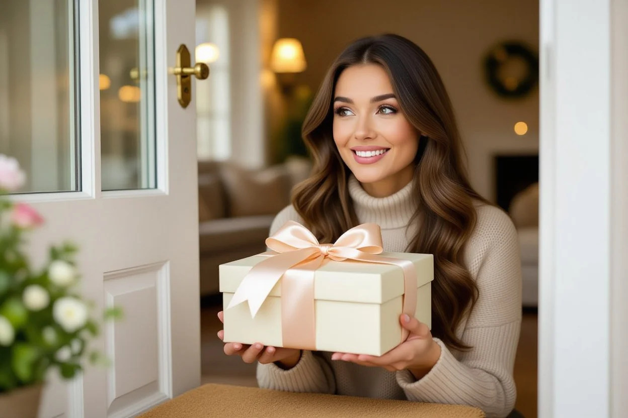 Woman receiving unexpected romantic gift delivery at front door