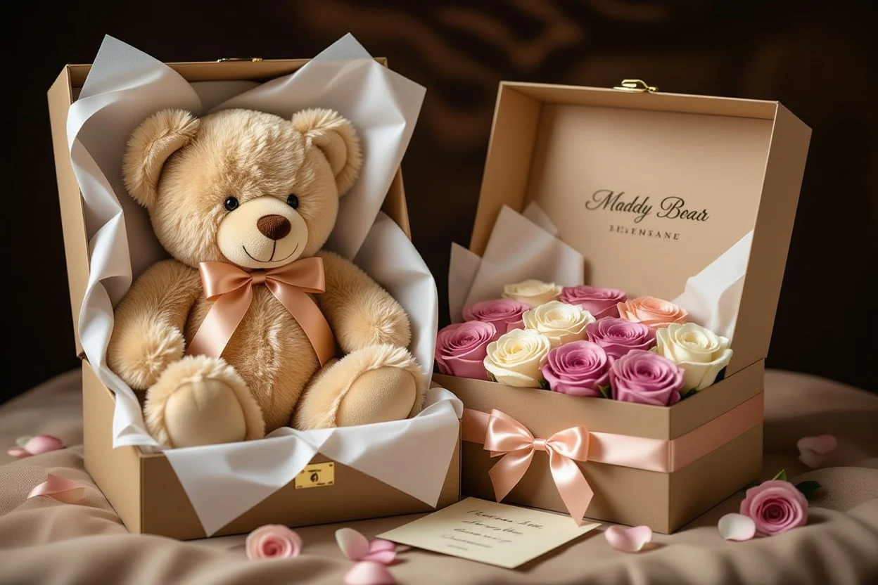 Elegant teddy bear romantic gift set in luxury presentation box