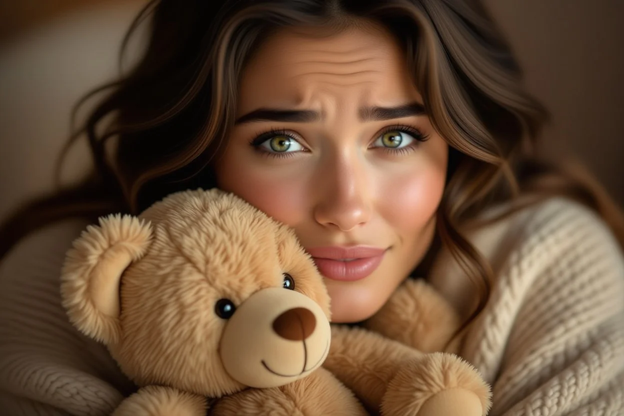 Woman's emotional reaction to receiving surprise romantic teddy bear gift