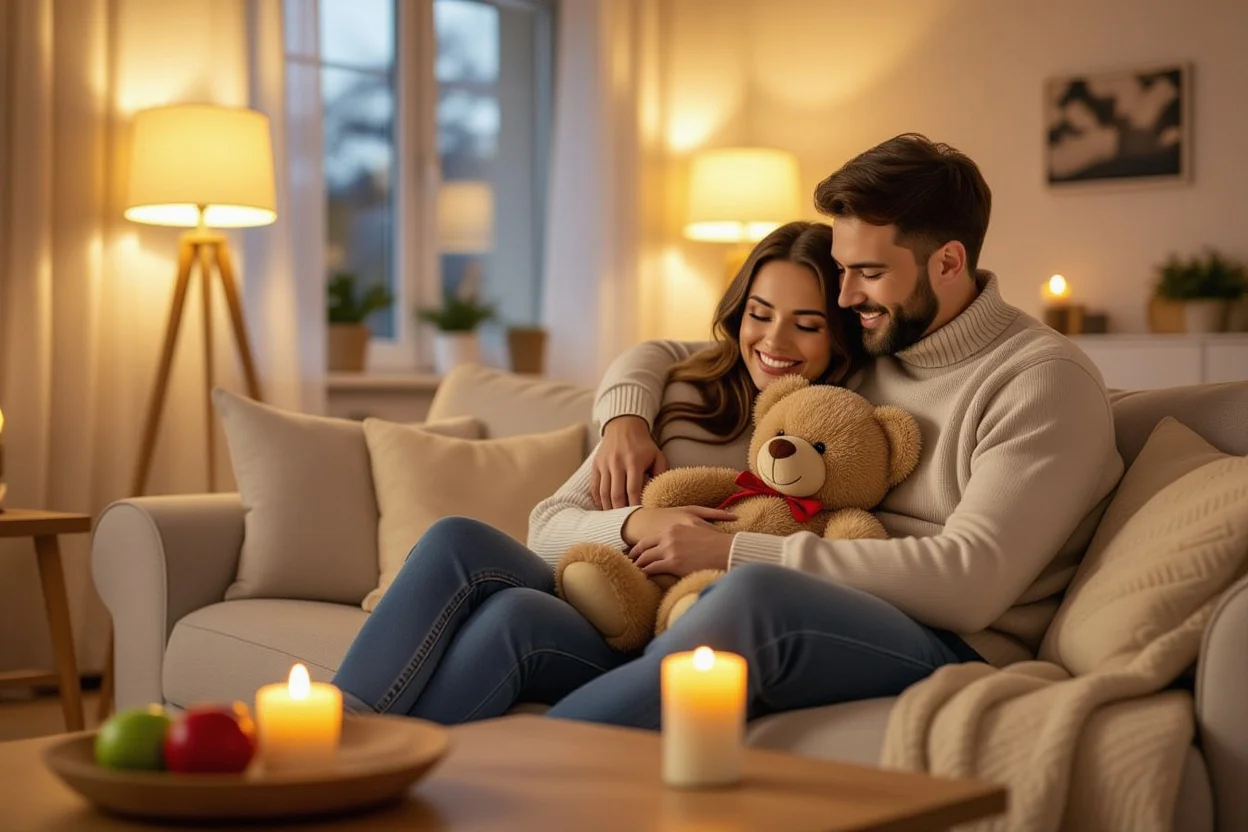Romantic couple embracing with surprise teddy bear gift in cozy home setting
