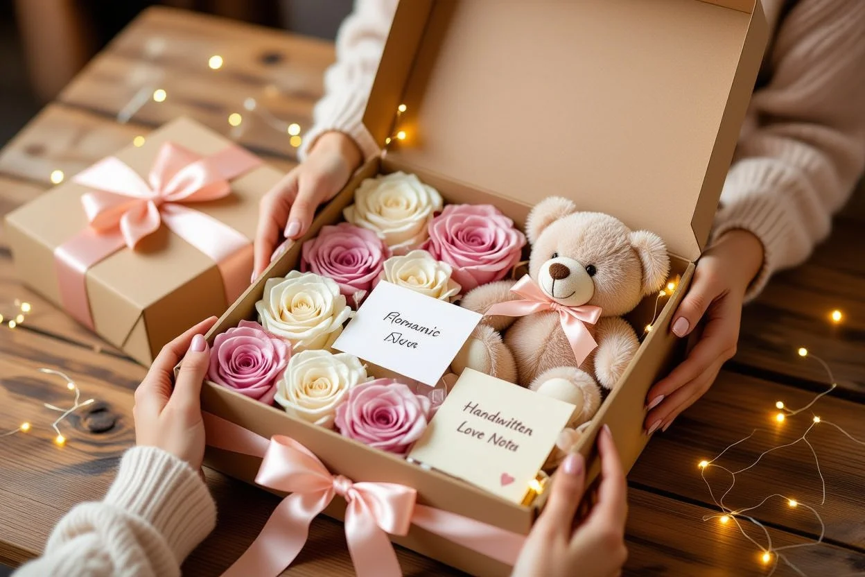 Romantic gift box being opened revealing preserved roses, teddy bear and love notes - perfect Valentine's Day surprise