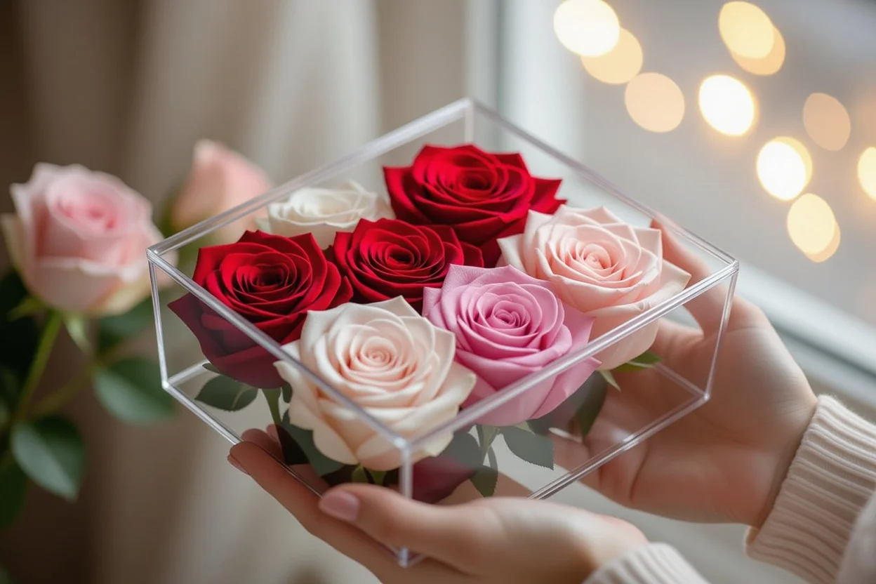 Preserved forever roses in elegant display case - romantic gifts that last forever for anniversaries