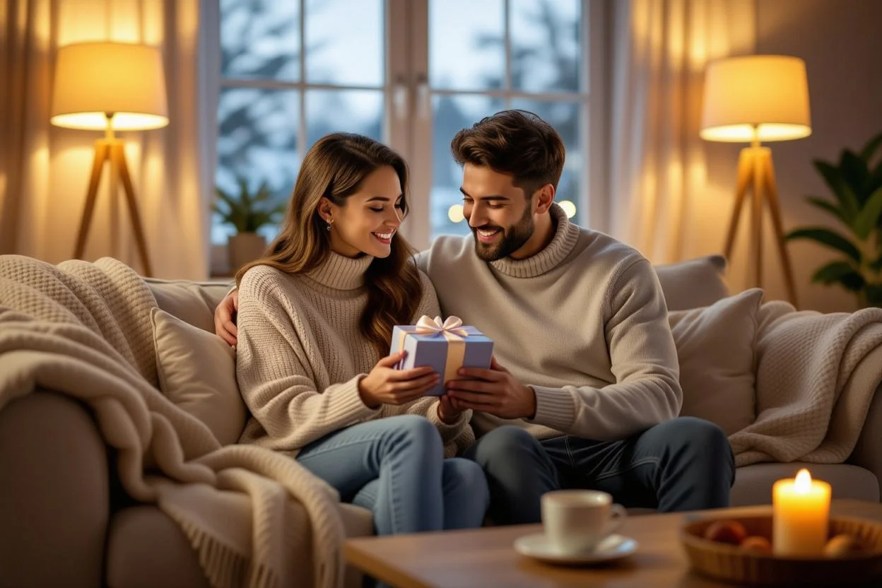 Couple sharing romantic moment with surprise gift on ordinary evening - everyday romance and thoughtful gestures