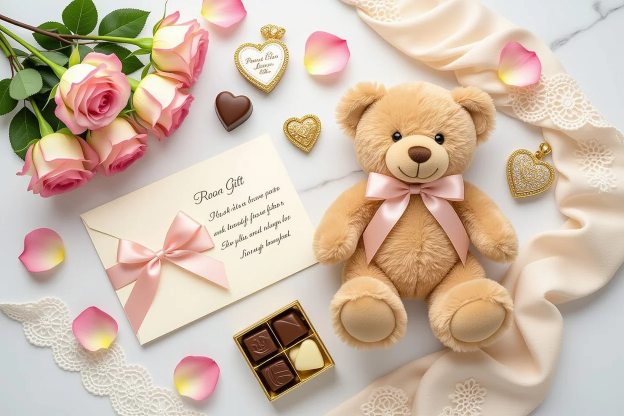Romantic gift collection flat lay with teddy bear, preserved flowers and love letters - perfect gift guide inspiration