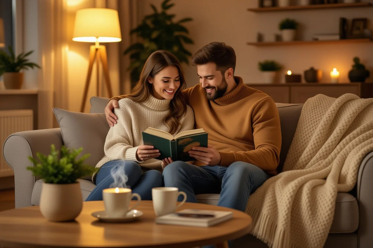 Couple enjoying practical romantic gifts together in cozy living room setting