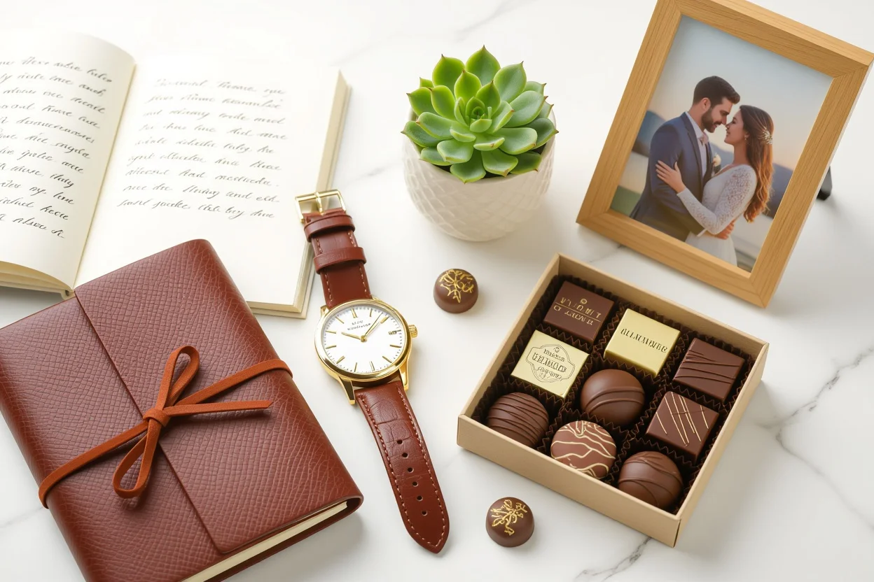 Elegant flat lay arrangement of practical and lasting romantic gifts for special occasions