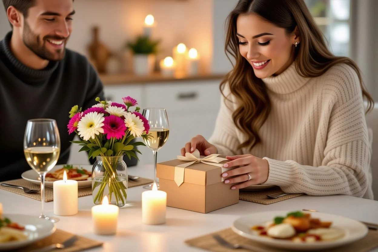 Woman opening romantic gift during intimate dinner date showing genuine emotional connection