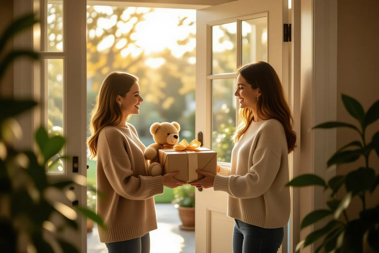 Surprise teddy bear gift delivery at doorway creating magical moment for woman