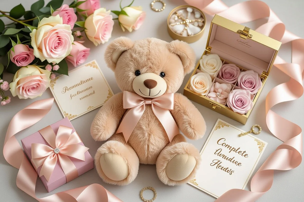 Romantic gift flat lay with teddy bear centerpiece and luxury romantic accessories