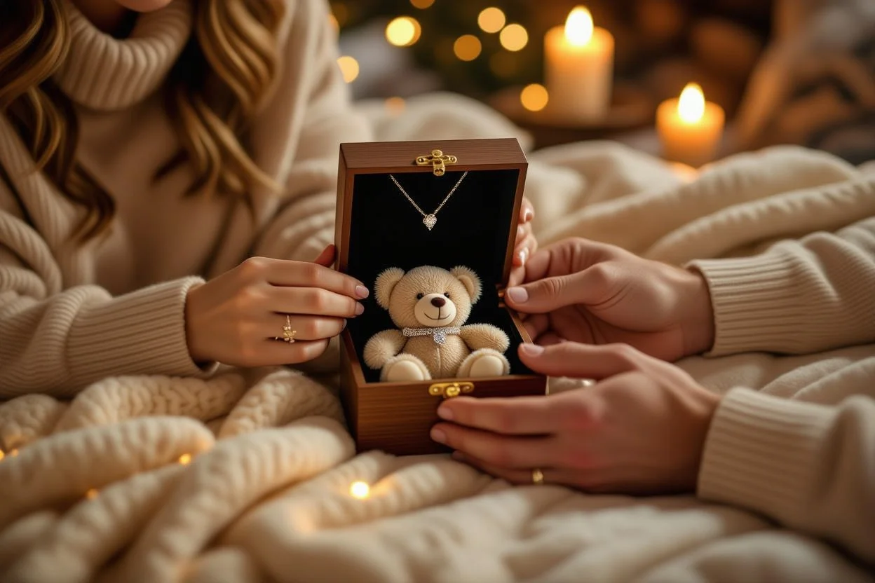 Couple discovering hidden necklace surprise in romantic teddy bear gift