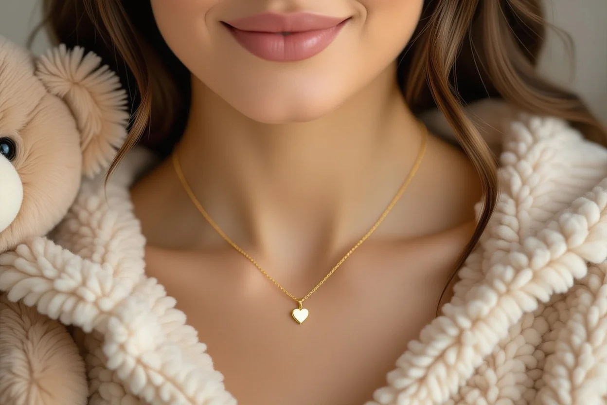 Woman wearing heart necklace from romantic teddy bear surprise gift