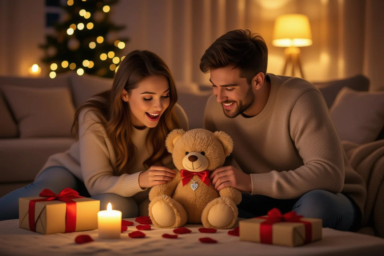 Couple sharing romantic gift moment with surprise teddy bear necklace