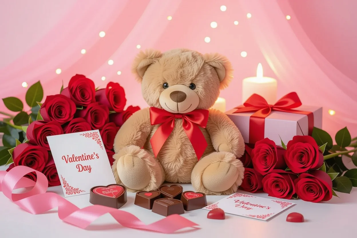 Valentine's Day romantic gift arrangement with teddy bear and roses