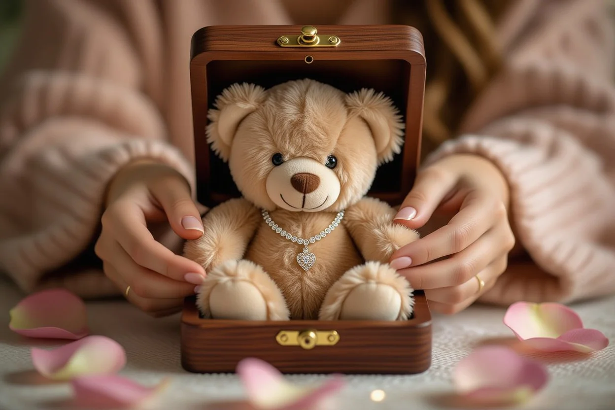 Hands discovering hidden necklace inside romantic teddy bear gift