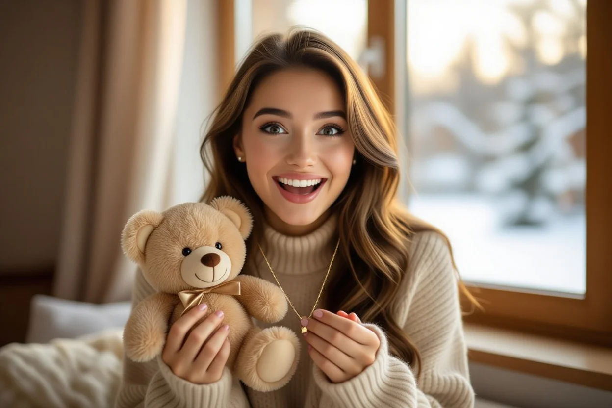 Woman surprised and happy receiving teddy bear with hidden necklace gift