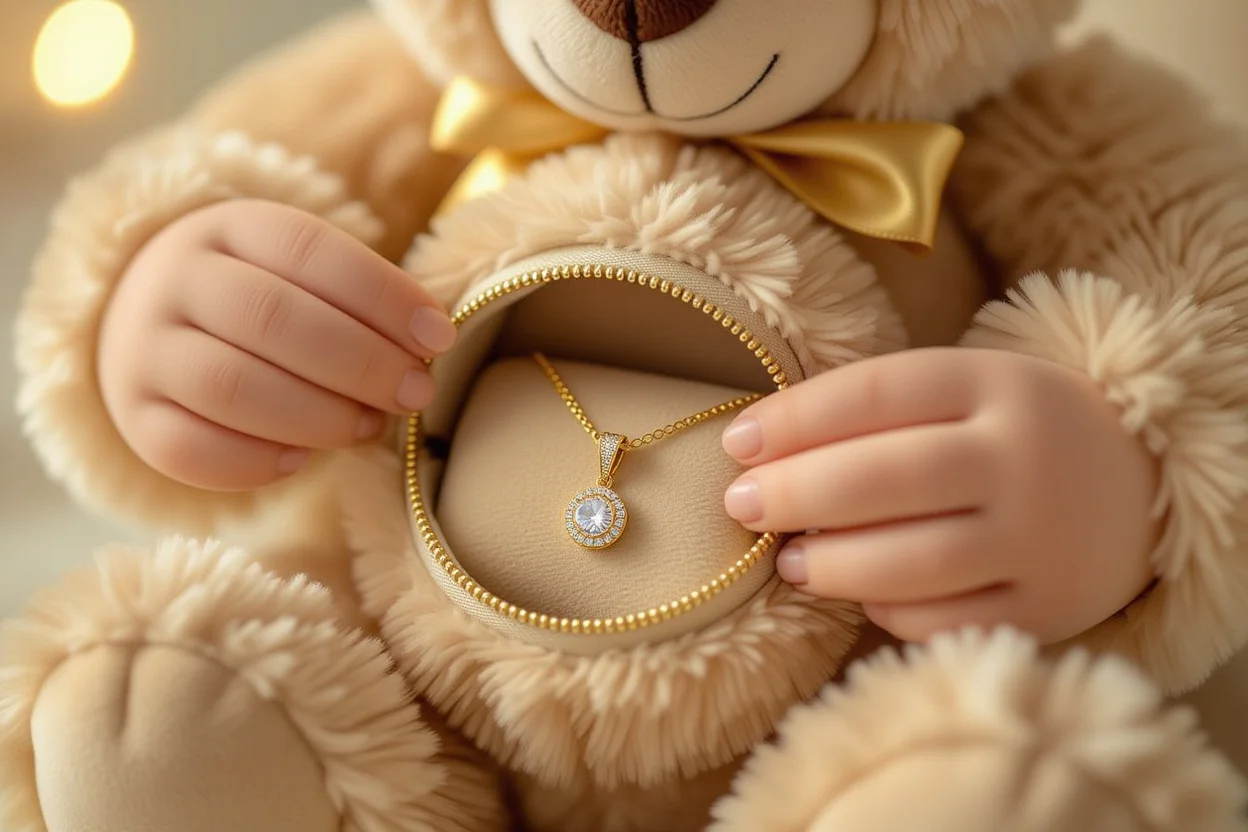 Hands discovering hidden necklace inside teddy bear surprise romantic gift