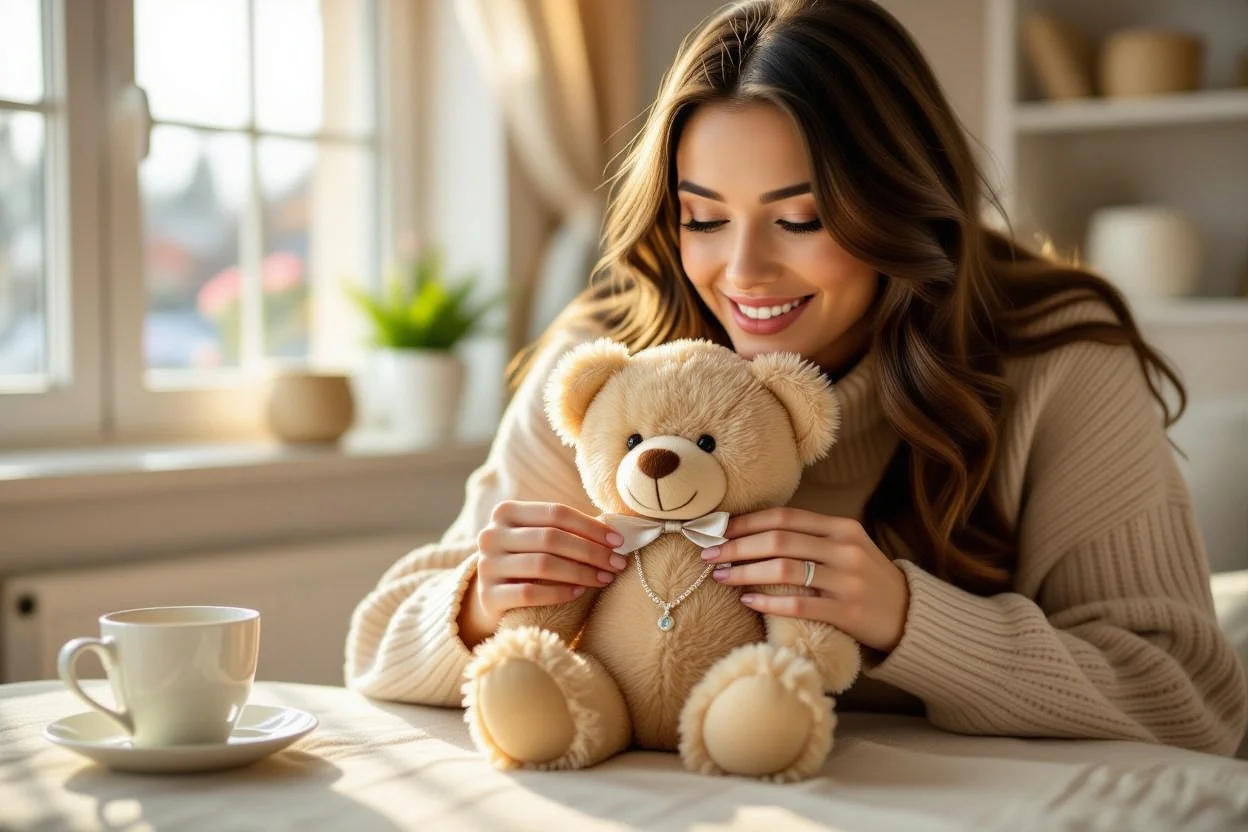 Woman discovering hidden necklace inside surprise teddy bear gift romantic moment