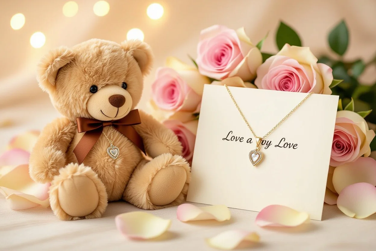Romantic gift flat lay teddy bear hidden necklace surprise present for girlfriend