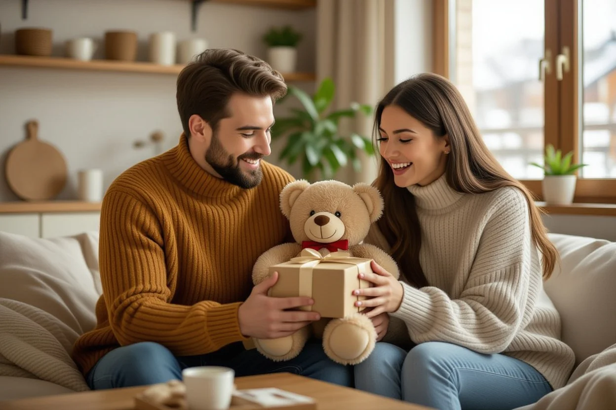Couple sharing romantic surprise teddy bear gift moment everyday romance