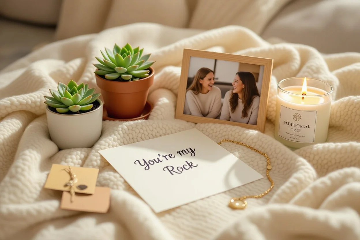 Thoughtful friendship gifts including handwritten note, succulent plant, photo frame and candle arranged on cozy blanket