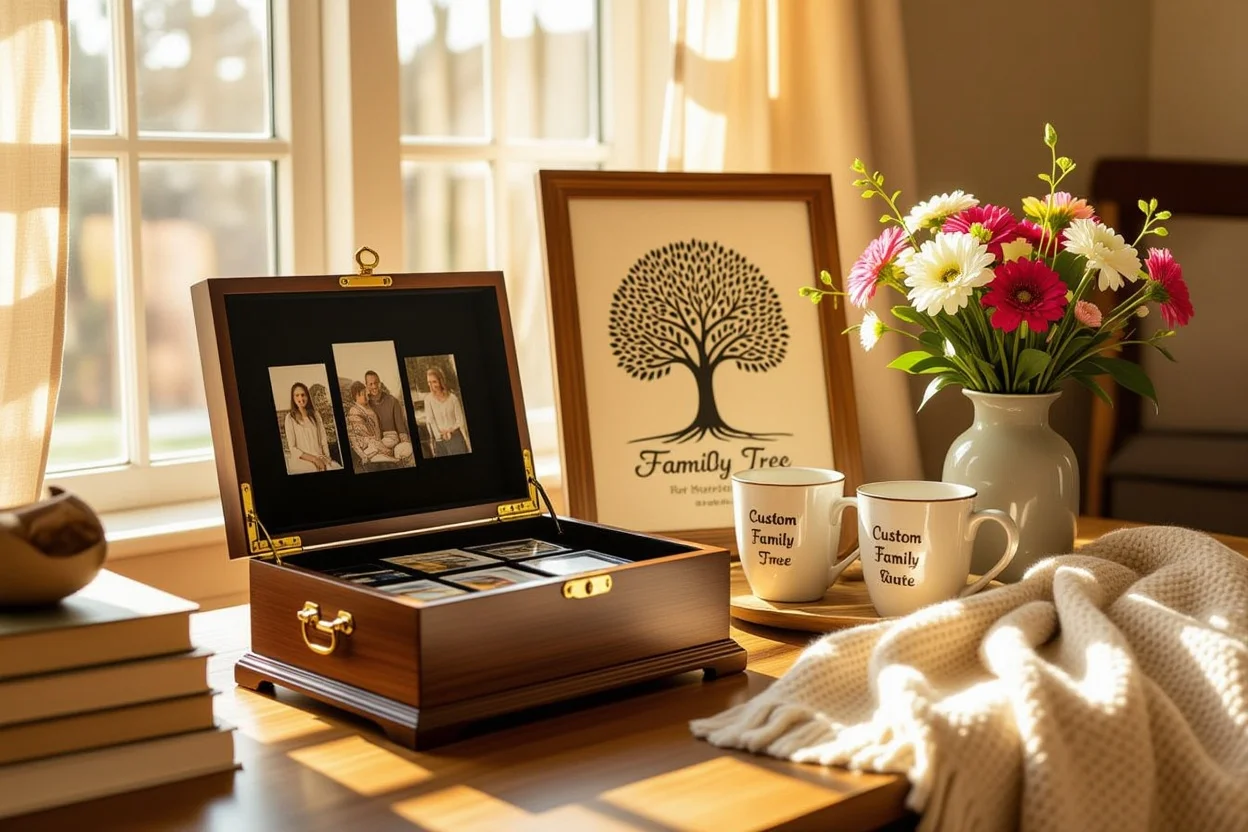 Family appreciation gifts including wooden keepsake box, custom family tree art, matching mugs and fresh flowers on coffee table