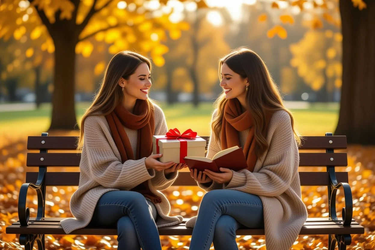 Two female friends on park bench, one giving wrapped gift to other, surrounded by autumn leaves in golden afternoon light