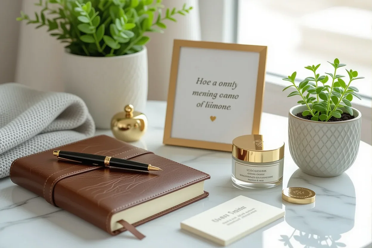 Elegant meaningful gifts including leather journal, inspirational quote frame, hand cream set and herb garden on marble surface