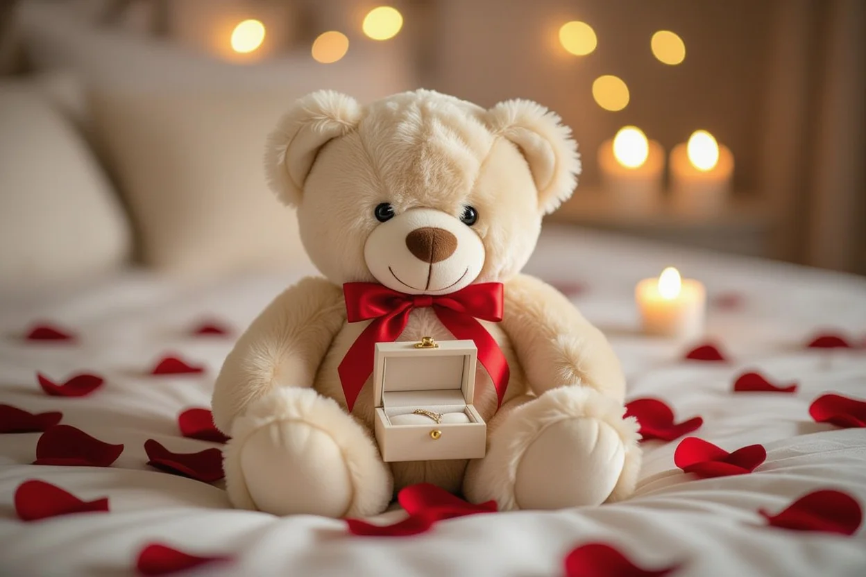 Romantic teddy bear with hidden surprise compartment containing jewelry box for Valentine's Day gift