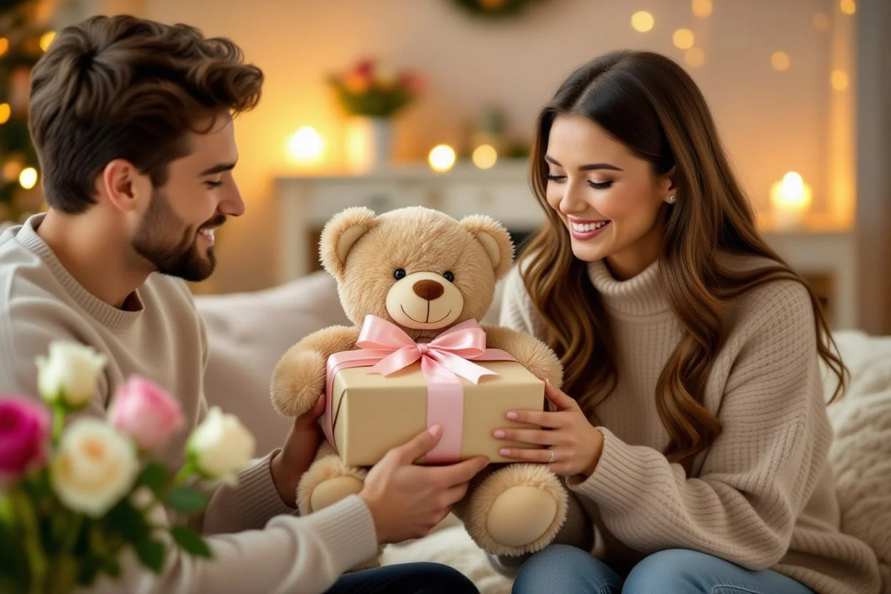 Couple sharing romantic gift moment with man giving teddy bear present to woman