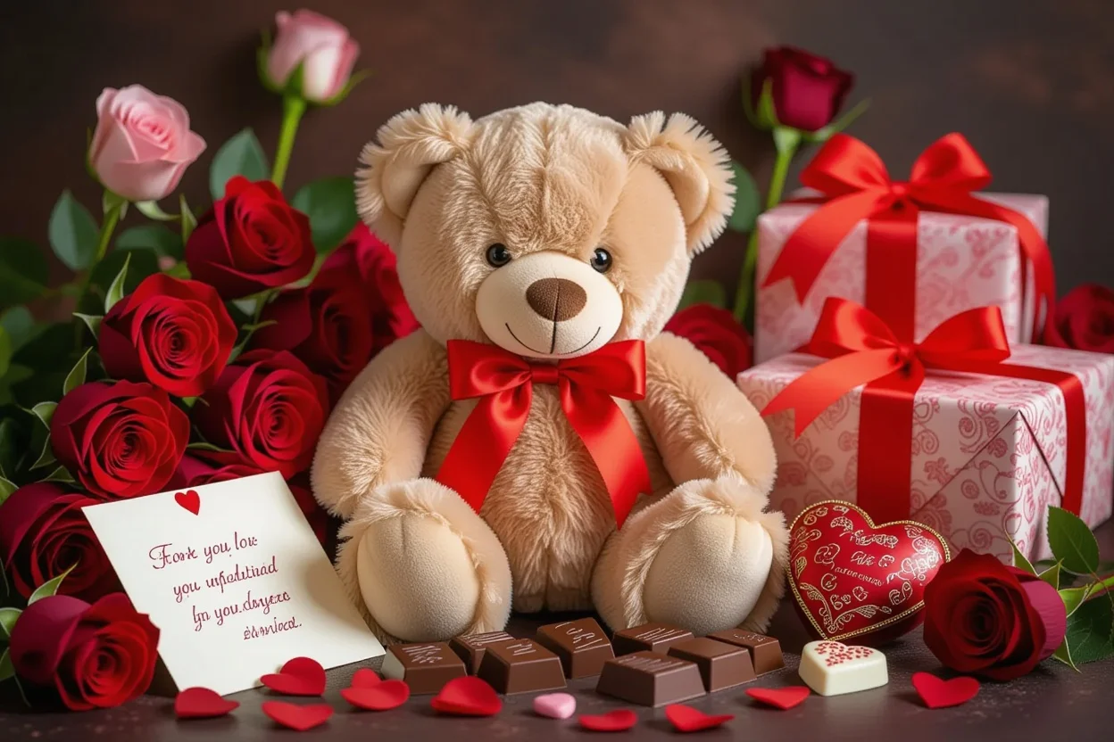 Elegant Valentine's Day gift set with teddy bear, roses, chocolates and romantic accessories