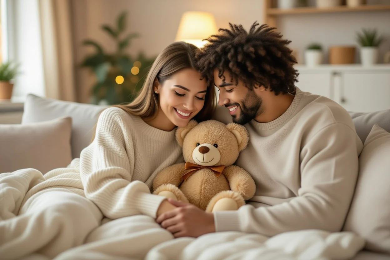 Loving couple sharing intimate moment at home with meaningful teddy bear representing lasting relationship
