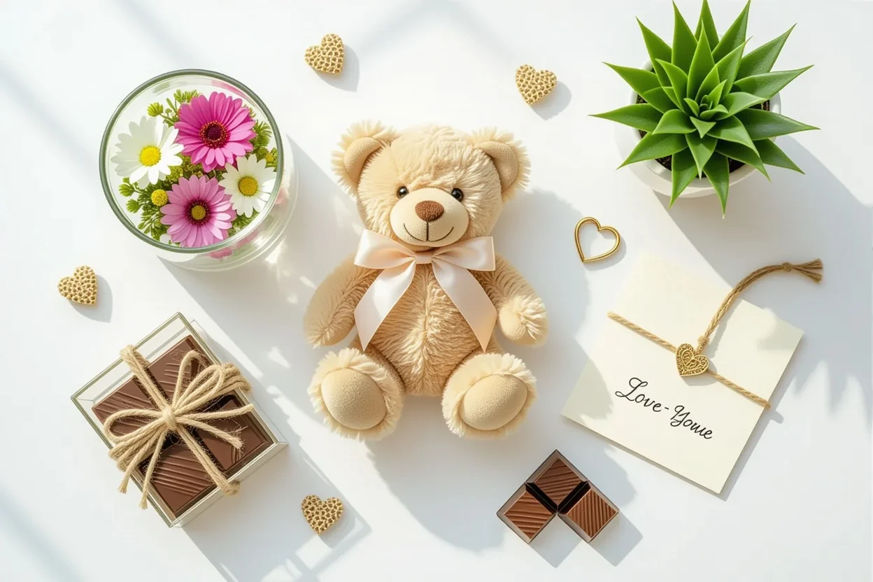 Elegant flat lay arrangement of thoughtful romantic gifts including preserved flowers and personalized items