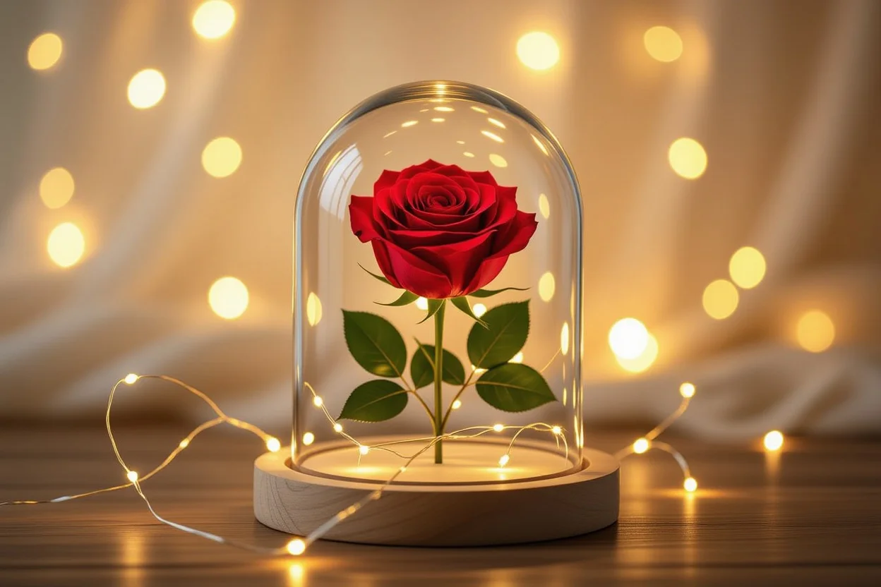 Preserved rose in glass dome representing lasting love and meaningful romantic gifts that endure