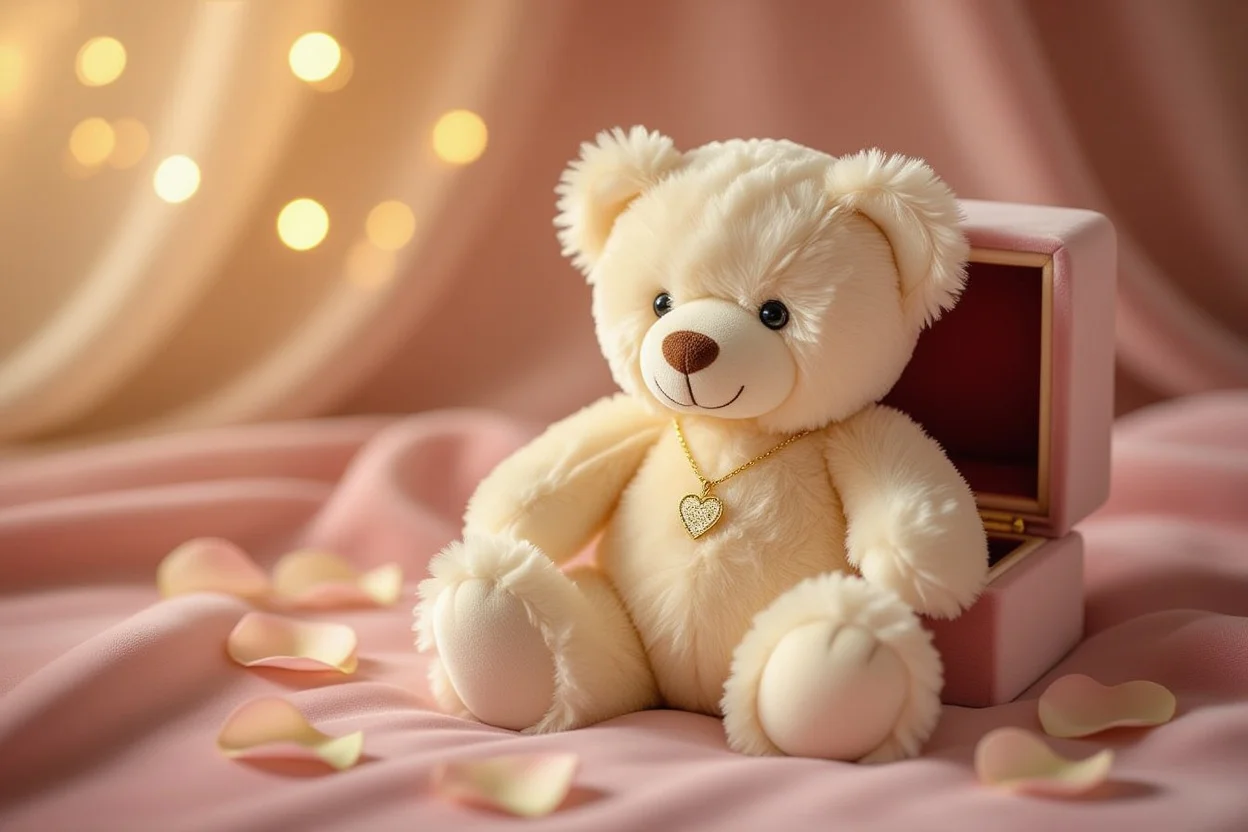 Romantic teddy bear with hidden gold heart necklace surprise gift for her