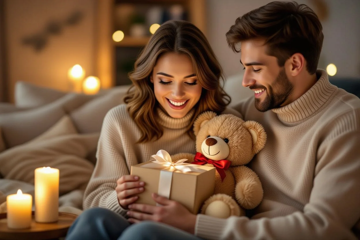 Couple sharing romantic surprise teddy bear gift moment with hidden necklace