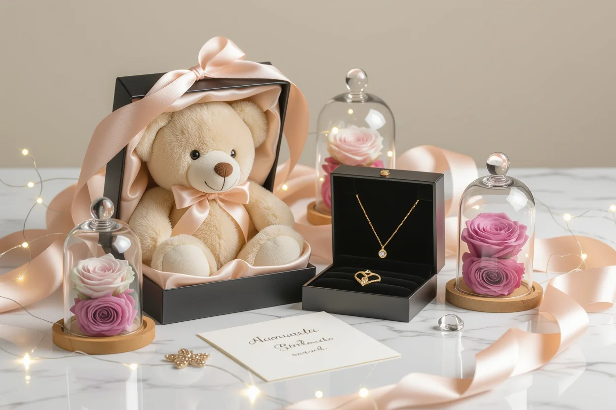 Luxury romantic gift set with teddy bear, hidden necklace, and preserved roses