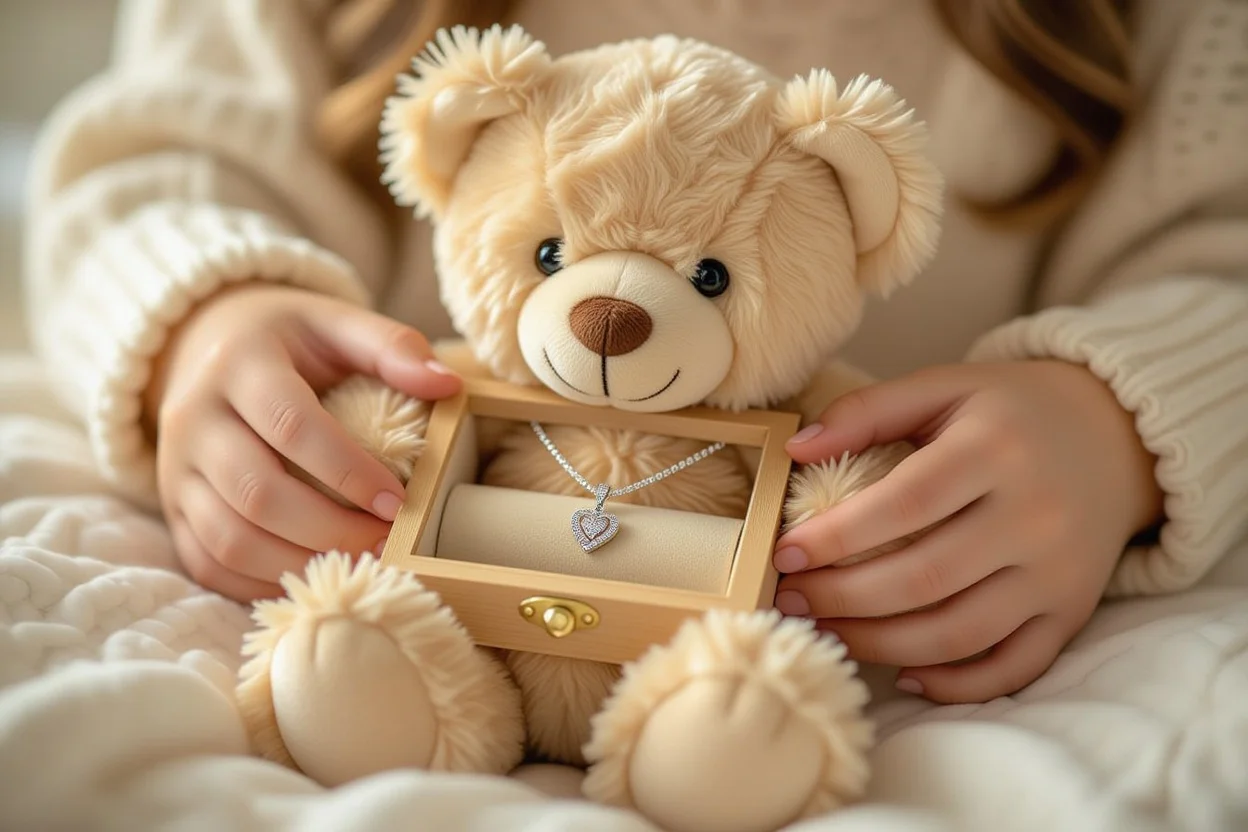 Close-up of hands discovering hidden necklace compartment in romantic teddy bear gift