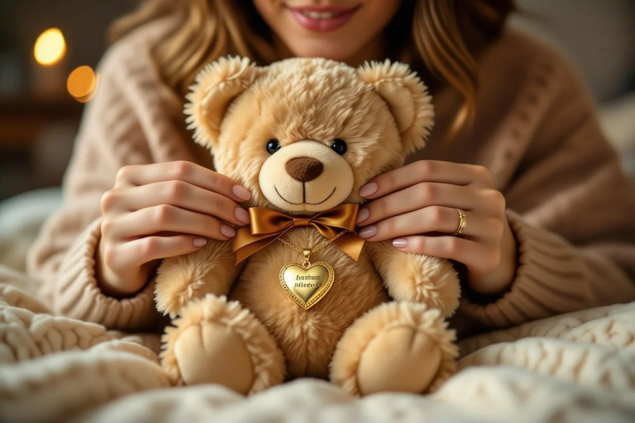 Woman discovering hidden necklace surprise inside teddy bear gift