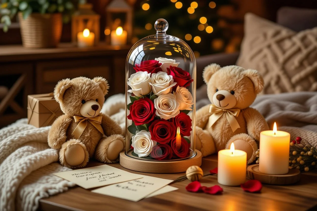 Romantic gift arrangement with teddy bear and preserved flowers for surprise gesture