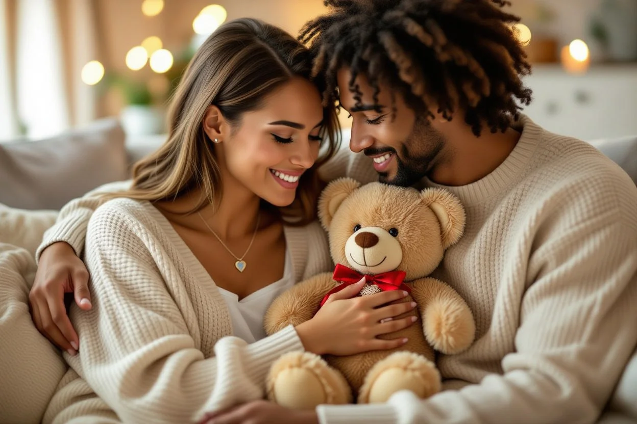 Couple sharing emotional moment with surprise teddy bear necklace gift