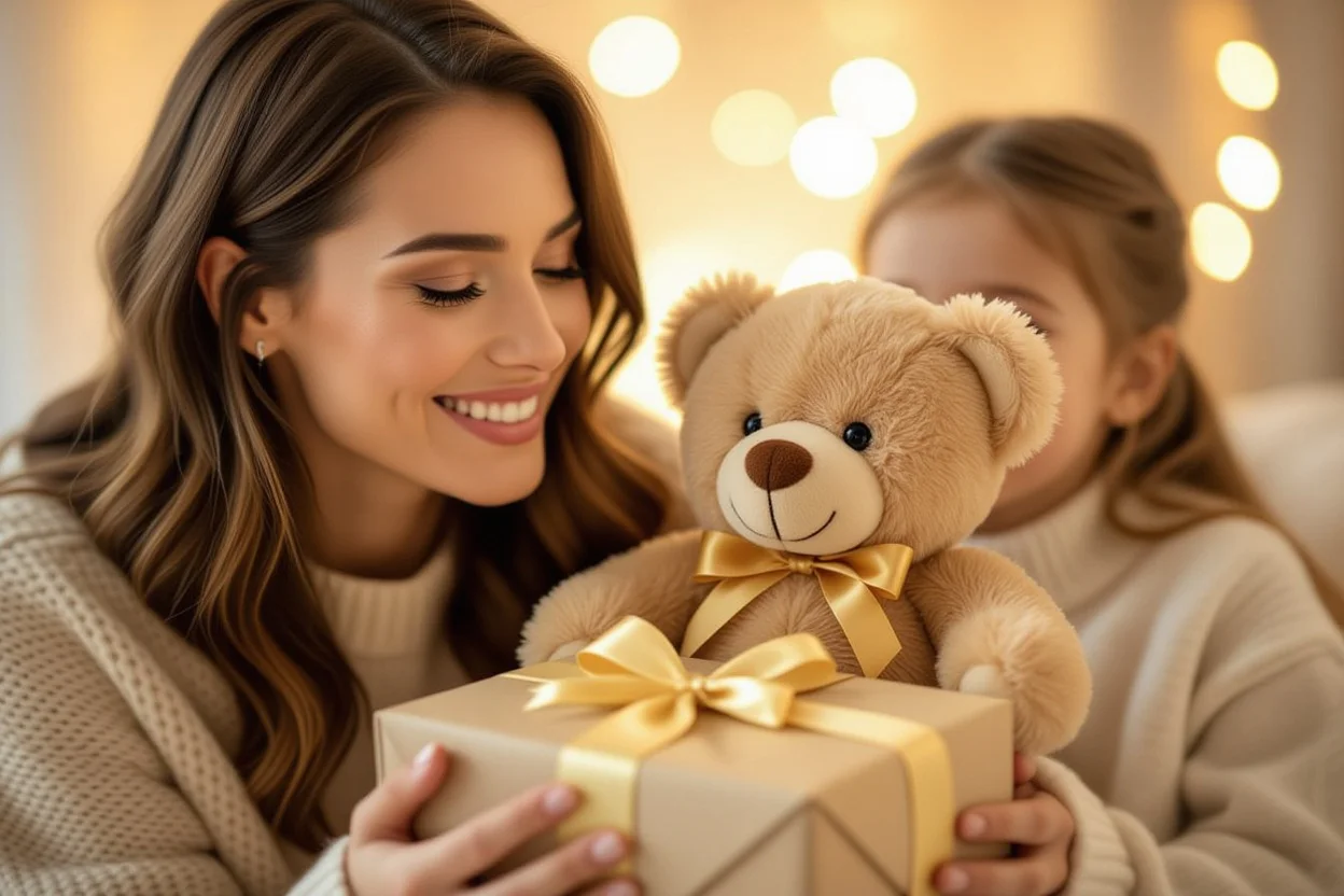 Woman receiving surprise teddy bear gift showing emotional romantic moment