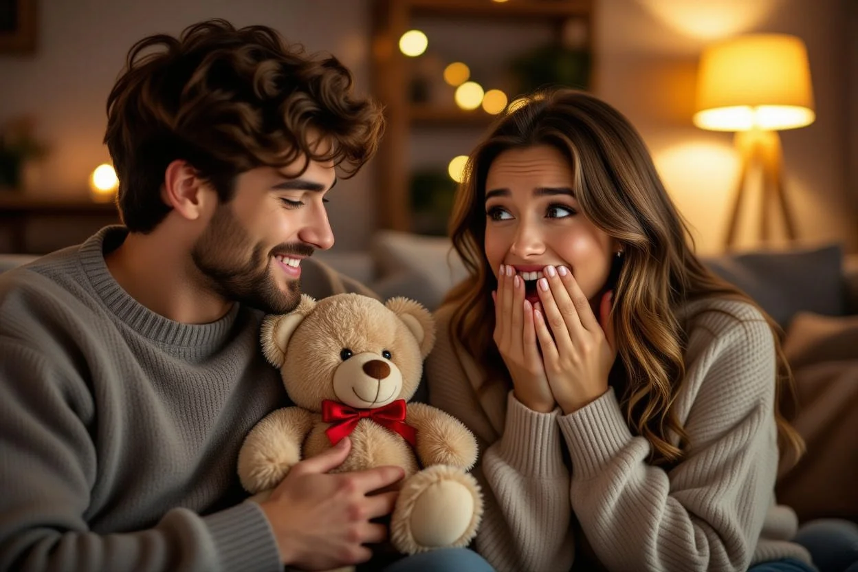 Couple sharing romantic gift moment with teddy bear surprise causing happy tears