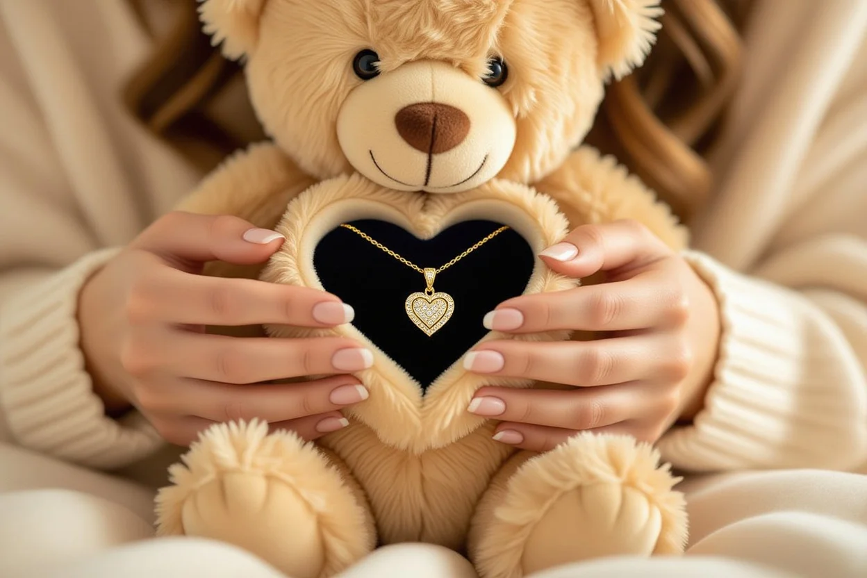 Hands discovering hidden necklace inside teddy bear romantic surprise gift