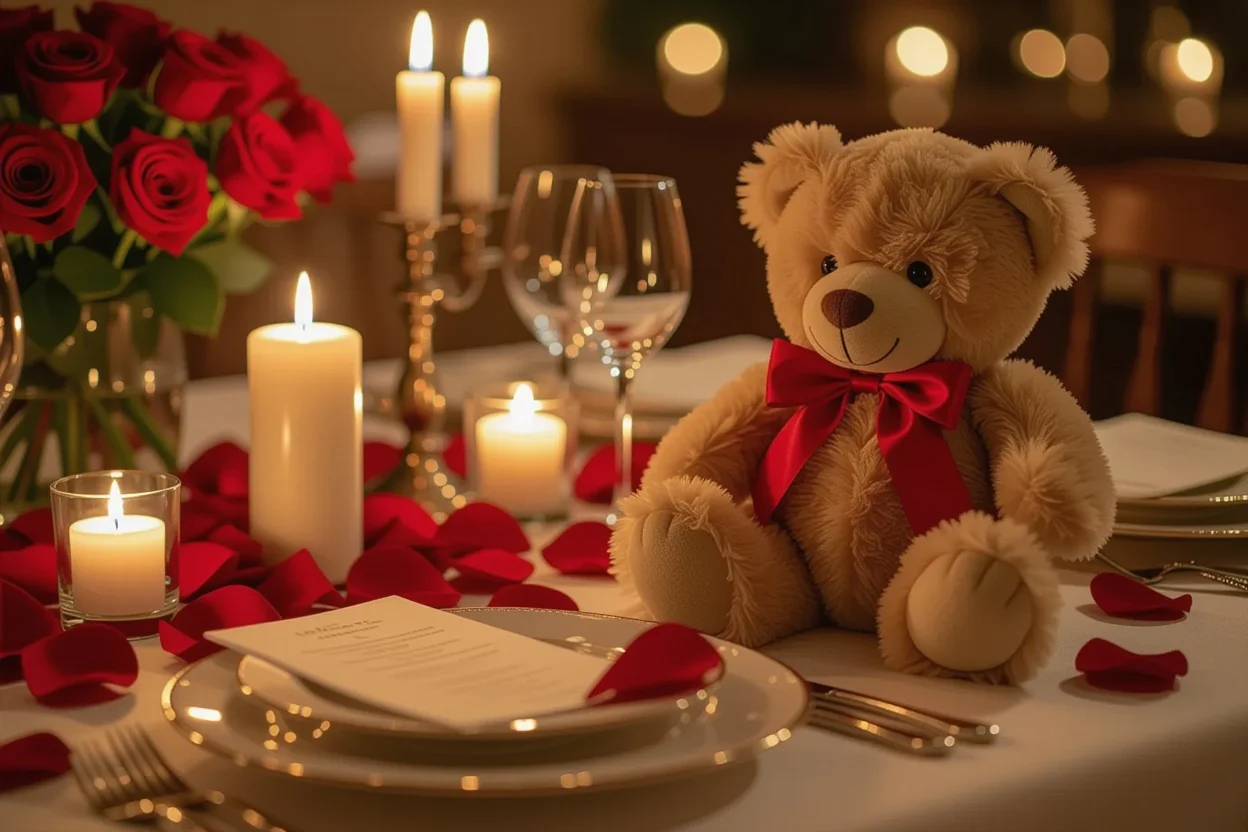 Romantic anniversary dinner table setting with teddy bear gift and candles