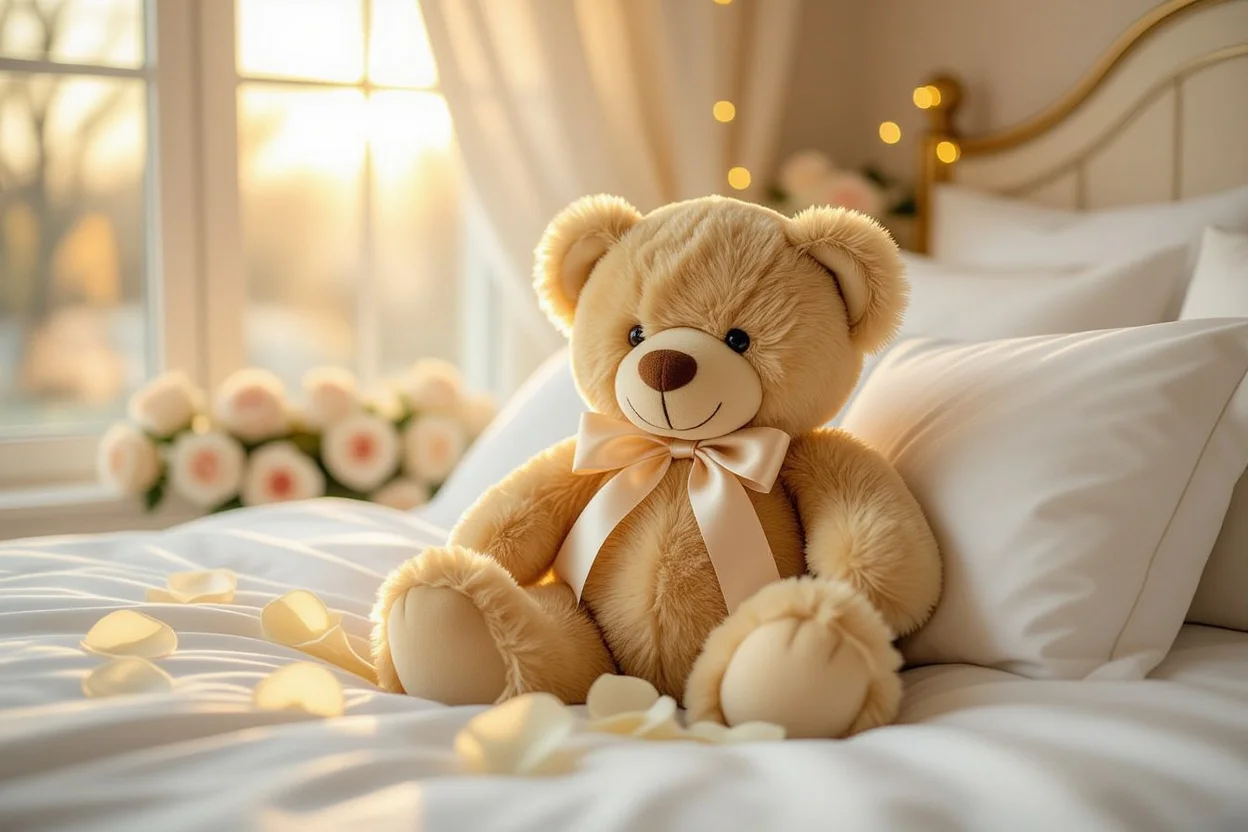 Romantic teddy bear gift on bed with rose petals - perfect Valentine's Day surprise