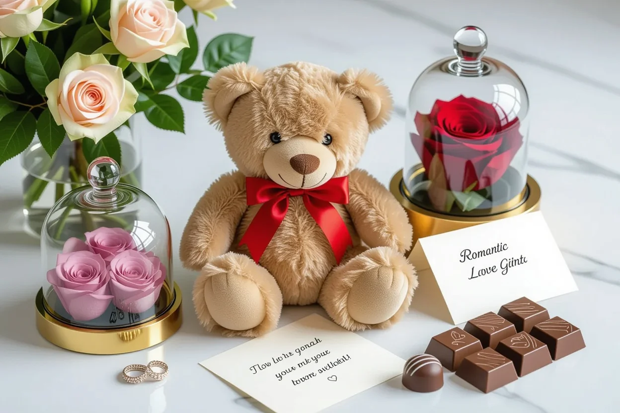 Romantic gifts comparison featuring teddy bear, preserved flowers, and jewelry for her